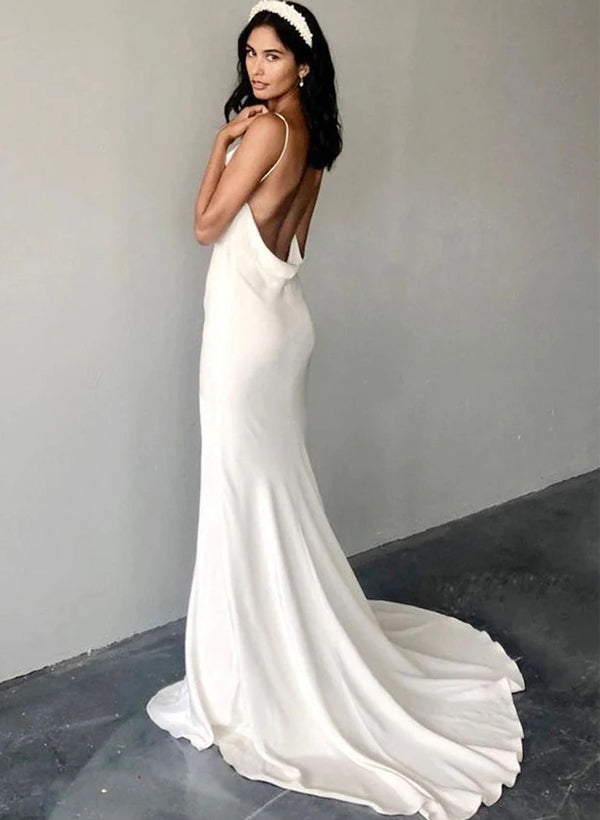 Elegant Satin Wedding Dresses Split Front Sheath Fitted Style Cowl Neck-Dbrbridal