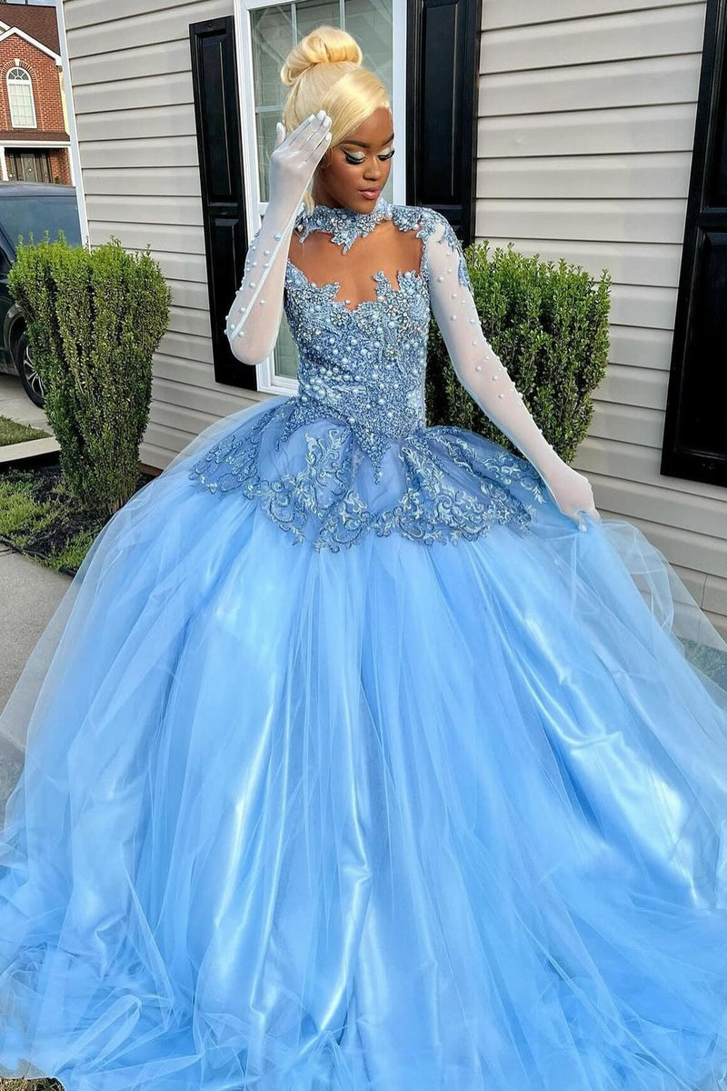 Elegant Sky Blue High Neck Long Sleeves Tulle Prom Dress with Pearls-Dbrbridal
