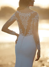 Elegant Summer Beach Wedding Dresses Long Sleeves Sweep Train in Elastic Satin-Dbrbridal