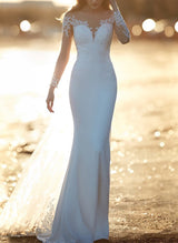 Elegant Summer Beach Wedding Dresses Long Sleeves Sweep Train in Elastic Satin-Dbrbridal