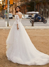 Elegant Sweetheart Chic A-line Wedding Dress Long Sleeves Lace Tulle Sweep Train-Dbrbridal