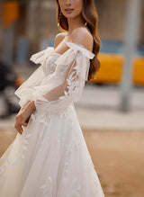 Elegant Sweetheart Chic A-line Wedding Dress Long Sleeves Lace Tulle Sweep Train-Dbrbridal