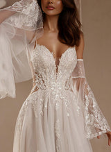 Elegant Sweetheart Court Train Wedding Dresses Appliques Lace-Dbrbridal