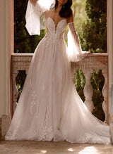 Elegant Sweetheart Court Train Wedding Dresses Appliques Lace-Dbrbridal
