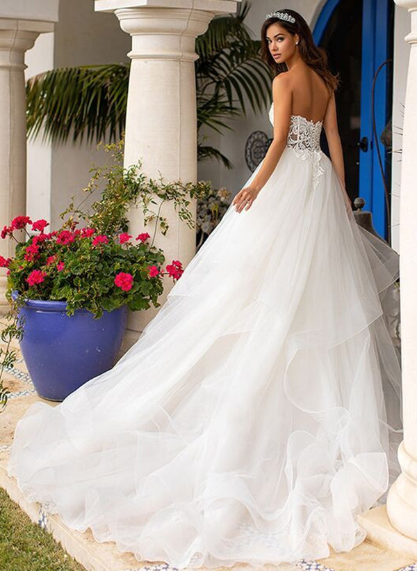 Elegant Sweetheart Lace Tulle Wedding Dresses Cascading Ruffles-Dbrbridal