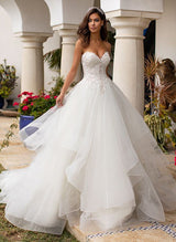 Elegant Sweetheart Lace Tulle Wedding Dresses Cascading Ruffles-Dbrbridal