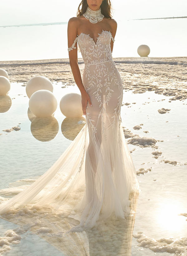 Elegant Sweetheart Lace Wedding Dress Mermaid Fitted Silhouette Sweep Train-Dbrbridal