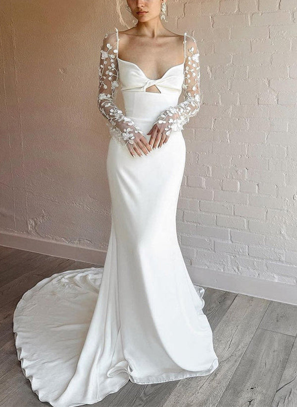 Elegant Sweetheart Long Sleeves Backless Lace Satin Wedding Dresses-Dbrbridal