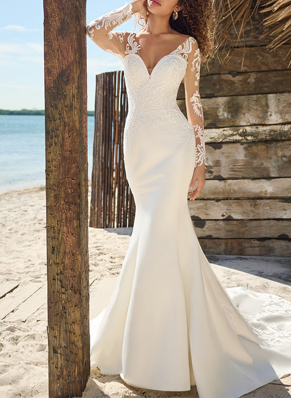 Elegant Sweetheart Long Sleeves Court Train Lace Elastic Satin Mermaid Fitted Wedding Dresses-Dbrbridal