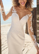 Elegant Sweetheart Long Sleeves Court Train Lace Elastic Satin Mermaid Fitted Wedding Dresses-Dbrbridal