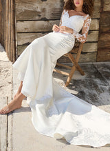 Elegant Sweetheart Long Sleeves Court Train Lace Elastic Satin Mermaid Fitted Wedding Dresses-Dbrbridal