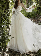 Elegant Sweetheart Long Sleeves Lace Wedding Dress Split Front-Dbrbridal