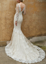 Elegant Sweetheart Long Sleeves Lace Wedding Dresses Mermaid Fitted Style-Dbrbridal