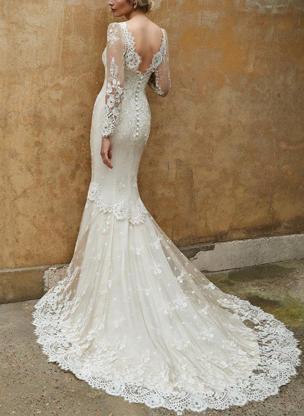 Elegant Sweetheart Long Sleeves Lace Wedding Dresses Mermaid Fitted Style-Dbrbridal