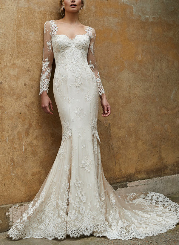 Elegant Sweetheart Long Sleeves Lace Wedding Dresses Mermaid Fitted Style-Dbrbridal
