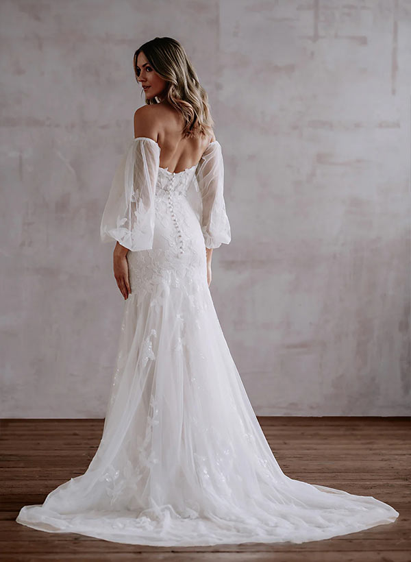 Elegant Sweetheart Long Sleeves Mermaid Fitted Wedding Dresses Appliques Lace-Dbrbridal