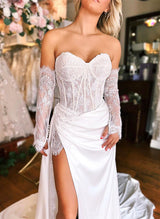 Elegant Sweetheart Long Sleeves Satin Wedding Dresses Split Front-Dbrbridal