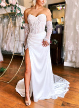 Elegant Sweetheart Long Sleeves Satin Wedding Dresses Split Front-Dbrbridal