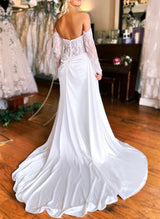 Elegant Sweetheart Long Sleeves Satin Wedding Dresses Split Front-Dbrbridal