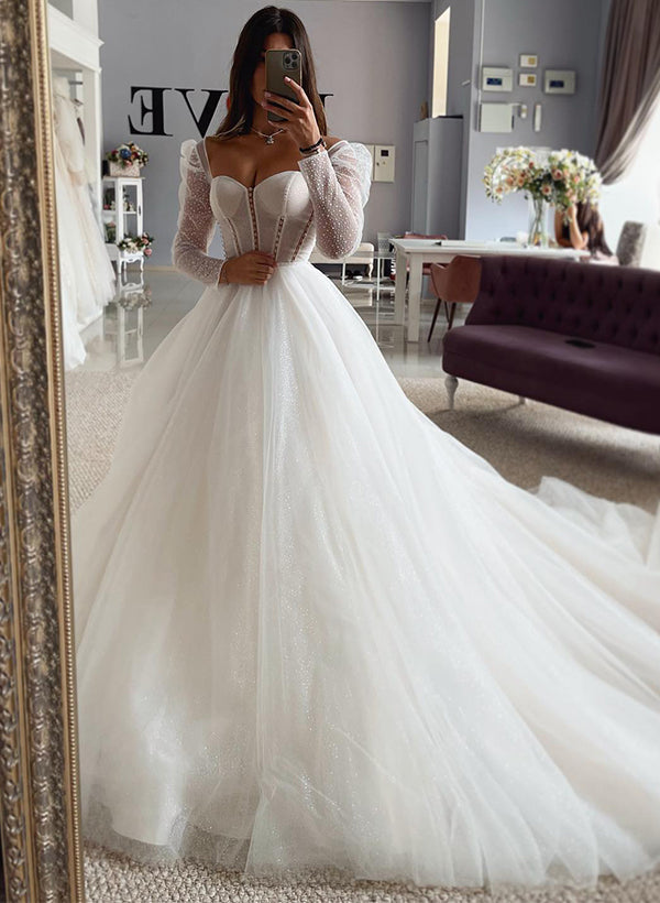 Elegant Sweetheart Long Sleeves Sweep Train Tulle Wedding Dresses-Dbrbridal