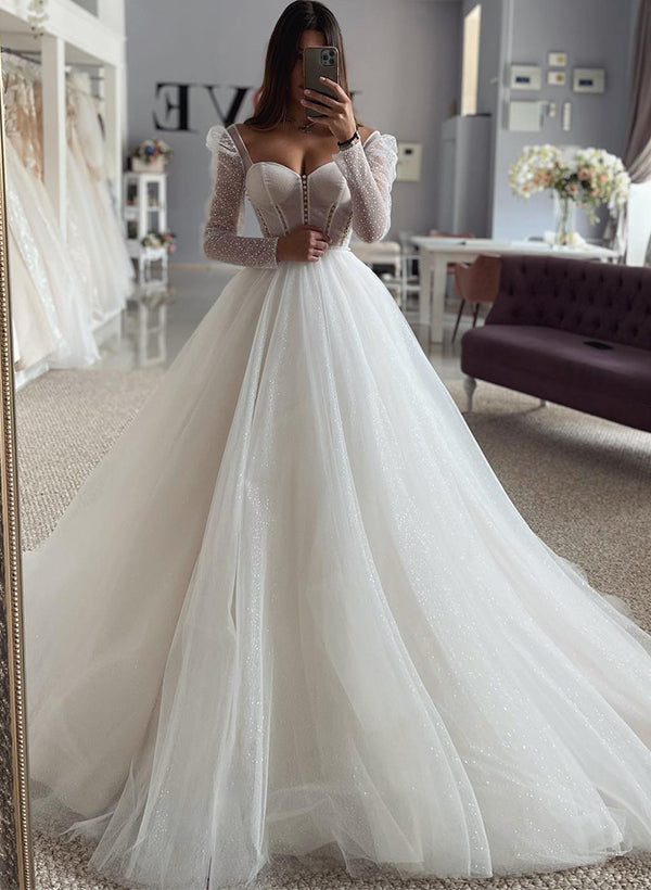 Elegant Sweetheart Long Sleeves Sweep Train Tulle Wedding Dresses-Dbrbridal