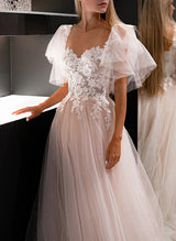 Elegant Sweetheart neckline short sleeves lace tulle wedding dress Chic A-line silhouette sweep train-Dbrbridal