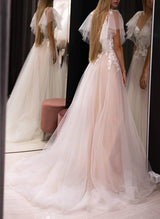 Elegant Sweetheart neckline short sleeves lace tulle wedding dress Chic A-line silhouette sweep train-Dbrbridal