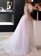 Elegant Sweetheart neckline short sleeves lace tulle wedding dress Chic A-line silhouette sweep train-Dbrbridal