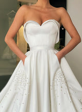 Elegant Sweetheart Satin Wedding Dresses Pockets Beading-Dbrbridal
