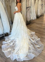 Elegant Sweetheart Sleeveless Chic A-line Court Train Lace Tulle Wedding Dresses-Dbrbridal