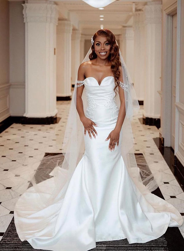 Elegant Sweetheart Sleeveless Court Train Satin Wedding Dress Beaded Appliques Lace Mermaid Fitted Style-Dbrbridal