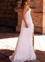 Elegant Sweetheart Sleeveless Lace Wedding Dress Split Front Sweep Train-Dbrbridal