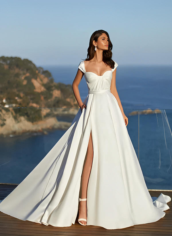 Elegant Sweetheart Sleeveless Satin Wedding Dress Split Front-Dbrbridal