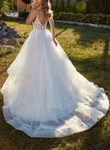 Elegant Sweetheart Sleeveless Sweep Train Tulle Wedding Dresses Lace-Dbrbridal