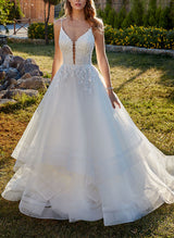 Elegant Sweetheart Sleeveless Sweep Train Tulle Wedding Dresses Lace-Dbrbridal