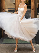 Elegant Sweetheart Sleeveless Tulle Tea-Length Wedding Dresses Pleated Chic A-line-Dbrbridal
