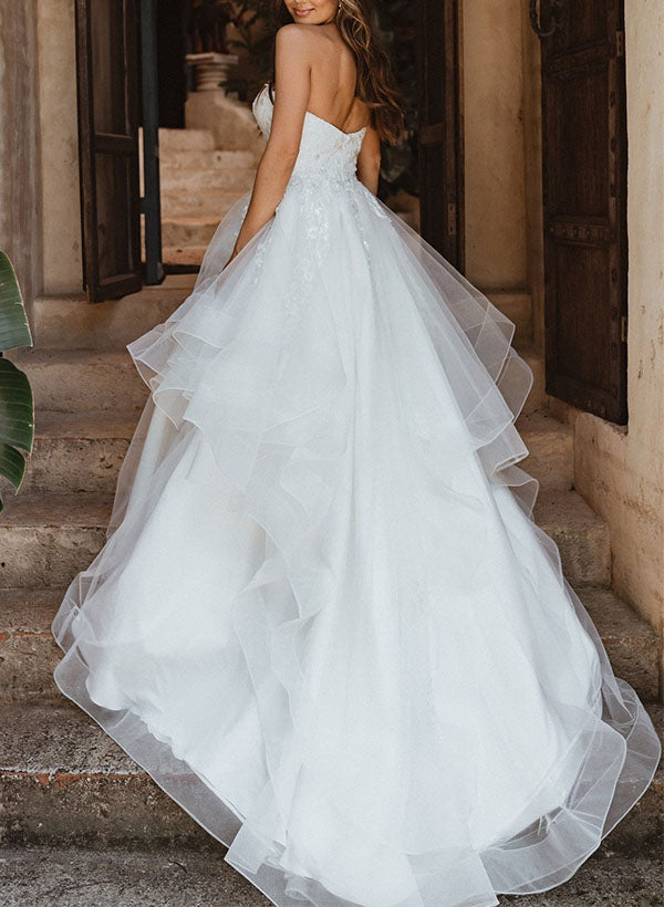 Elegant Sweetheart Sleeveless Tulle Wedding Dresses Appliques Lace-Dbrbridal