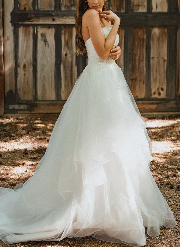 Elegant Sweetheart Sleeveless Tulle Wedding Dresses Appliques Lace-Dbrbridal