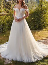 Elegant Sweetheart Sweep Train Tulle Ball-Gown Wedding Dresses-Dbrbridal