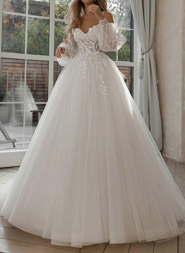 Elegant Sweetheart Tulle Lace Sweep Train Wedding Dresses Lace