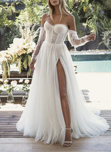 Elegant Sweetheart Tulle Wedding Dress Split Front-Dbrbridal