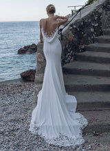 Elegant Trumpet Mermaid Fitted V-Neck Jersey Wedding Dresses Appliques Lace-Dbrbridal