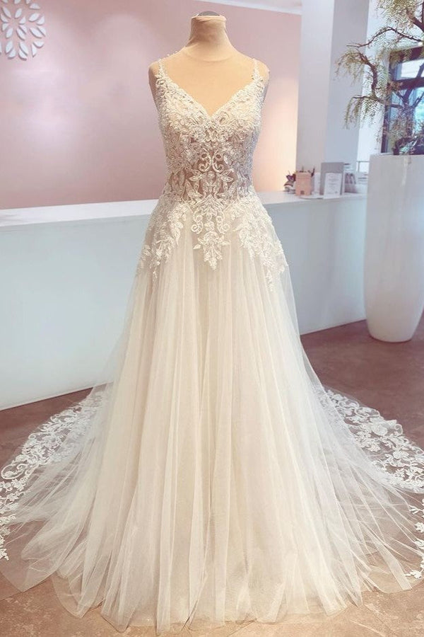 Elegant V-Neck Lace A-Line Wedding Dress-Dbrbridal