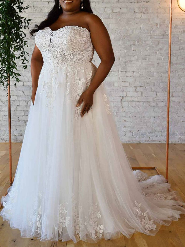 Elegant Wedding Dresses A-Line Strapless Sleeveless Backless Lace Bridal Gown-Dbrbridal