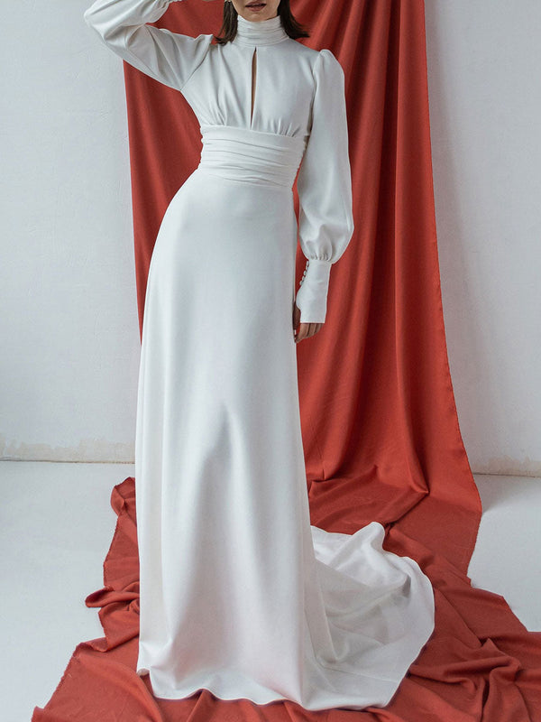 Elegant Wedding Dresses Elastic Silk Like Satin High Collar Long Sleeves Cut Out A-Line Bridal Gown-Dbrbridal