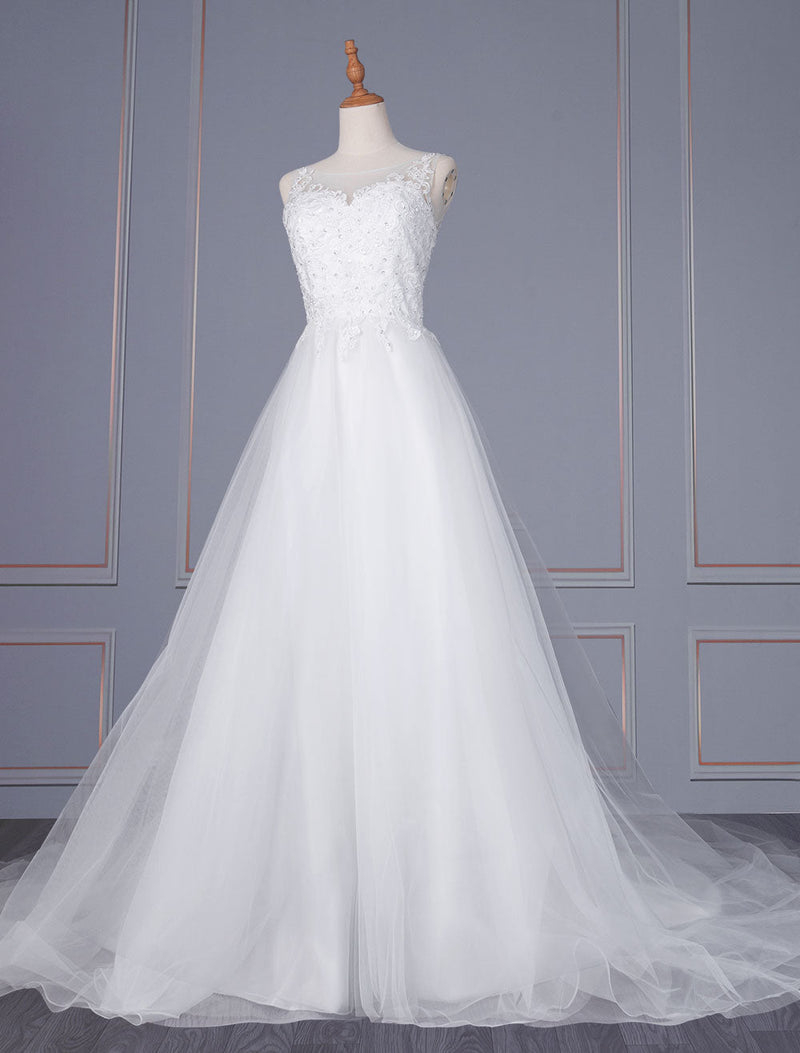 Elegant Wedding Dresses Lace V Neck Sleeveless Natural Waist Lace Tulle A-Line Bridal Dresses-Dbrbridal