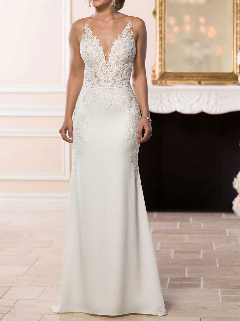 Elegant Wedding Dresses Mermaid V-Neck Sleeveless Backless Natural Waist Lace Bridal Gown-Dbrbridal