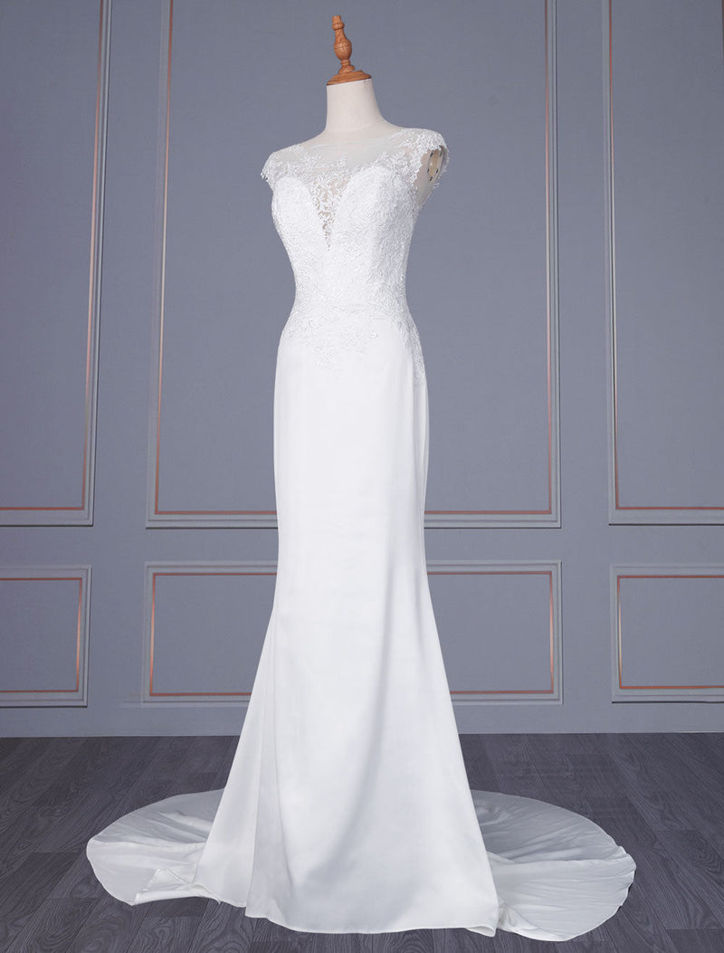 Elegant Wedding Dresses Sheath Illusion Neckline Sleeveless Natural Waist Lace Bridal Gown-Dbrbridal