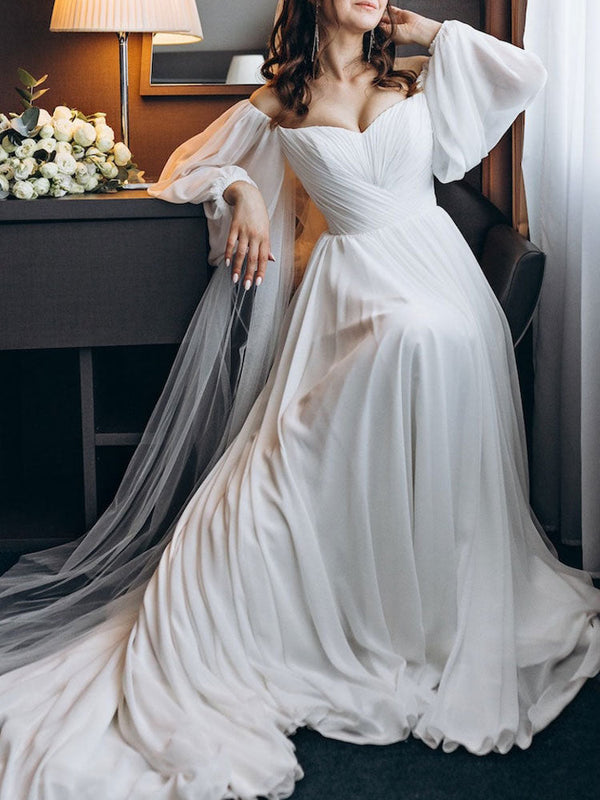 Elegant Wedding Dresses With Train A-Line Bateau Neck Long Sleeves Backless Zipper Chiffon Bridal Dresses-Dbrbridal