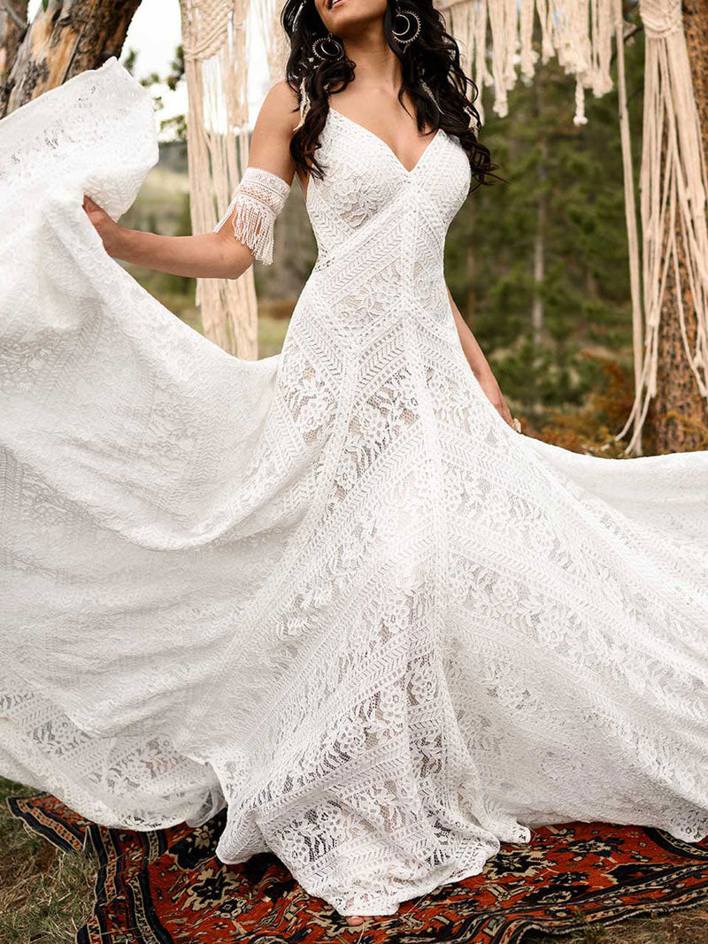 Elegant Wedding Dresses With Train V Neck Sleeveless Lace A Line Long Bridal Gown-Dbrbridal
